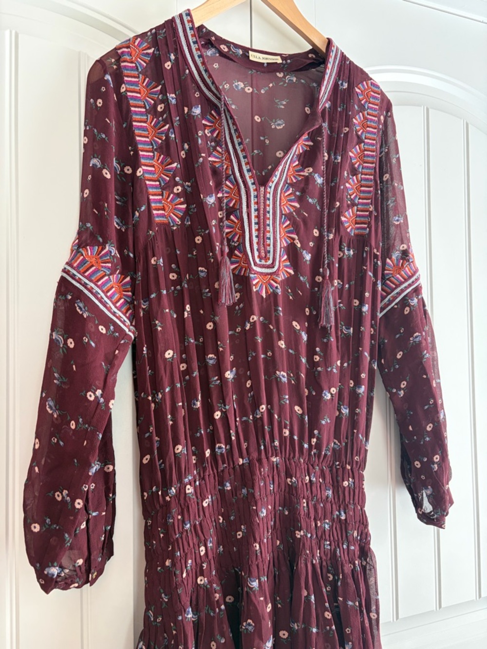 ULLA JOHNSON Gita Silk Embroidered Floral Drop Waist Boho Dress Bordeaux Size 6 - Picture 5 of 16